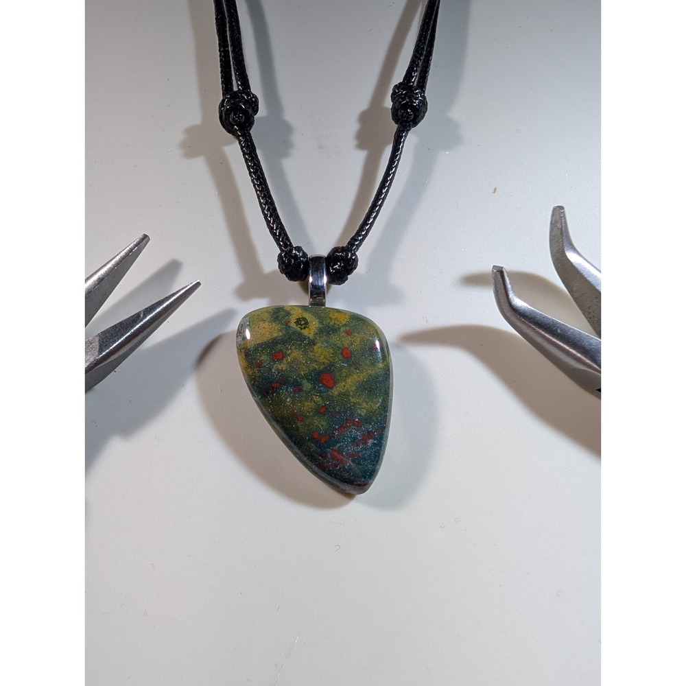 Bloodstone Pendant Necklace Adjustable Black Cord 14-27in Natural Green Gemstone